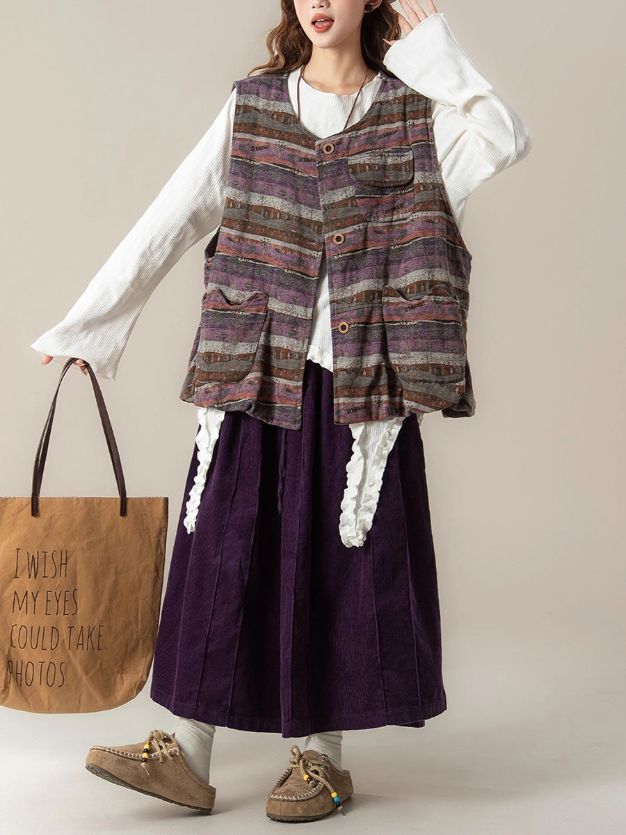 Women Autumn Retro Colorblock Stripe O-Neck Vest