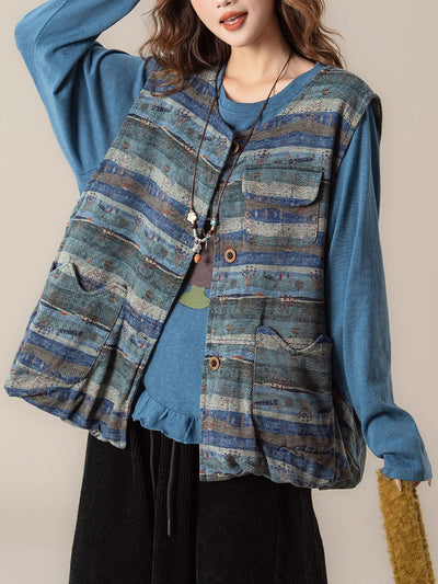 Women Autumn Retro Colorblock Stripe O-Neck Vest