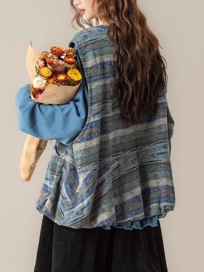 Women Autumn Retro Colorblock Stripe O-Neck Vest