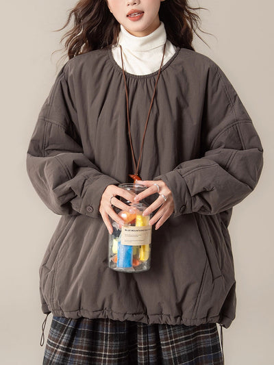 Women Autumn Casual Pure Color O-Neck Padded Blouse