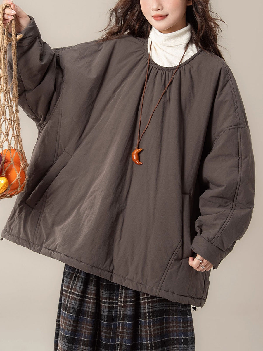 Women Autumn Casual Pure Color O-Neck Padded Blouse