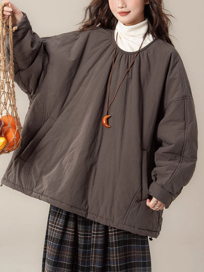 Women Autumn Casual Pure Color O-Neck Padded Blouse