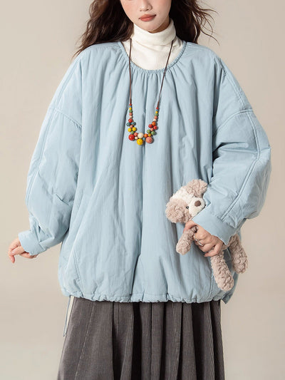 Women Autumn Casual Pure Color O-Neck Padded Blouse