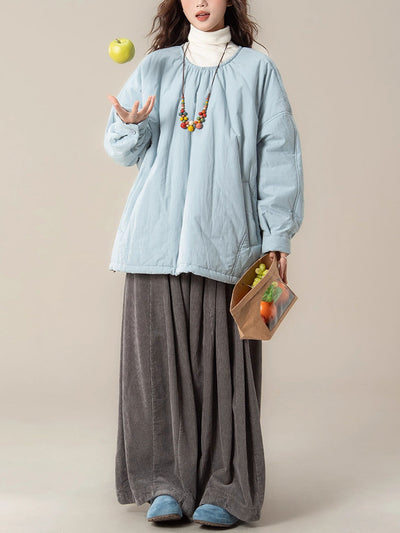 Women Autumn Casual Pure Color O-Neck Padded Blouse