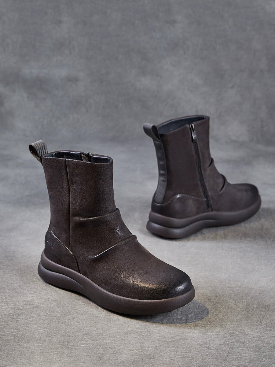 Women Winter Retro Genuine Leater Flat Boots