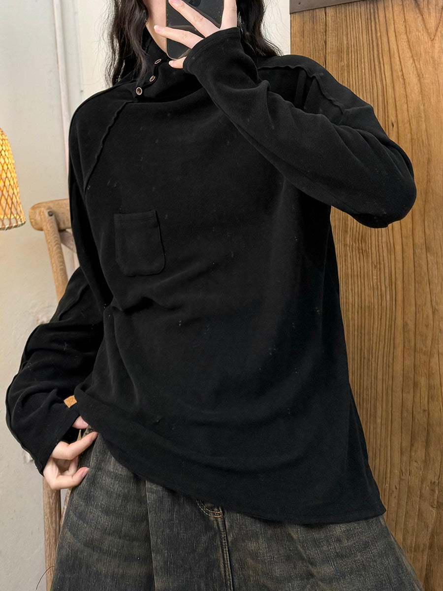 Women Autumn Retro Pure Color Turtleneck Cotton Blouse