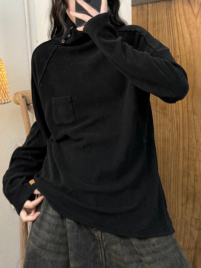 Women Autumn Retro Pure Color Turtleneck Cotton Blouse