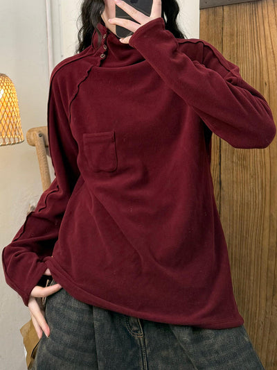 Women Autumn Retro Pure Color Turtleneck Cotton Blouse