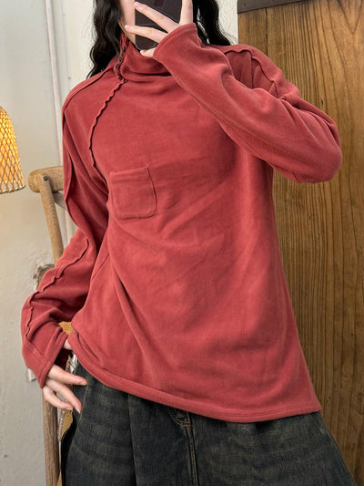 Women Autumn Retro Pure Color Turtleneck Cotton Blouse