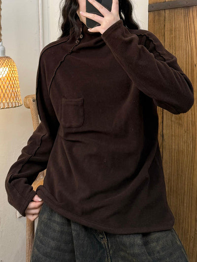 Women Autumn Retro Pure Color Turtleneck Cotton Blouse