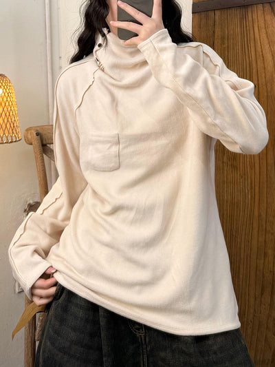Women Autumn Retro Pure Color Turtleneck Cotton Blouse