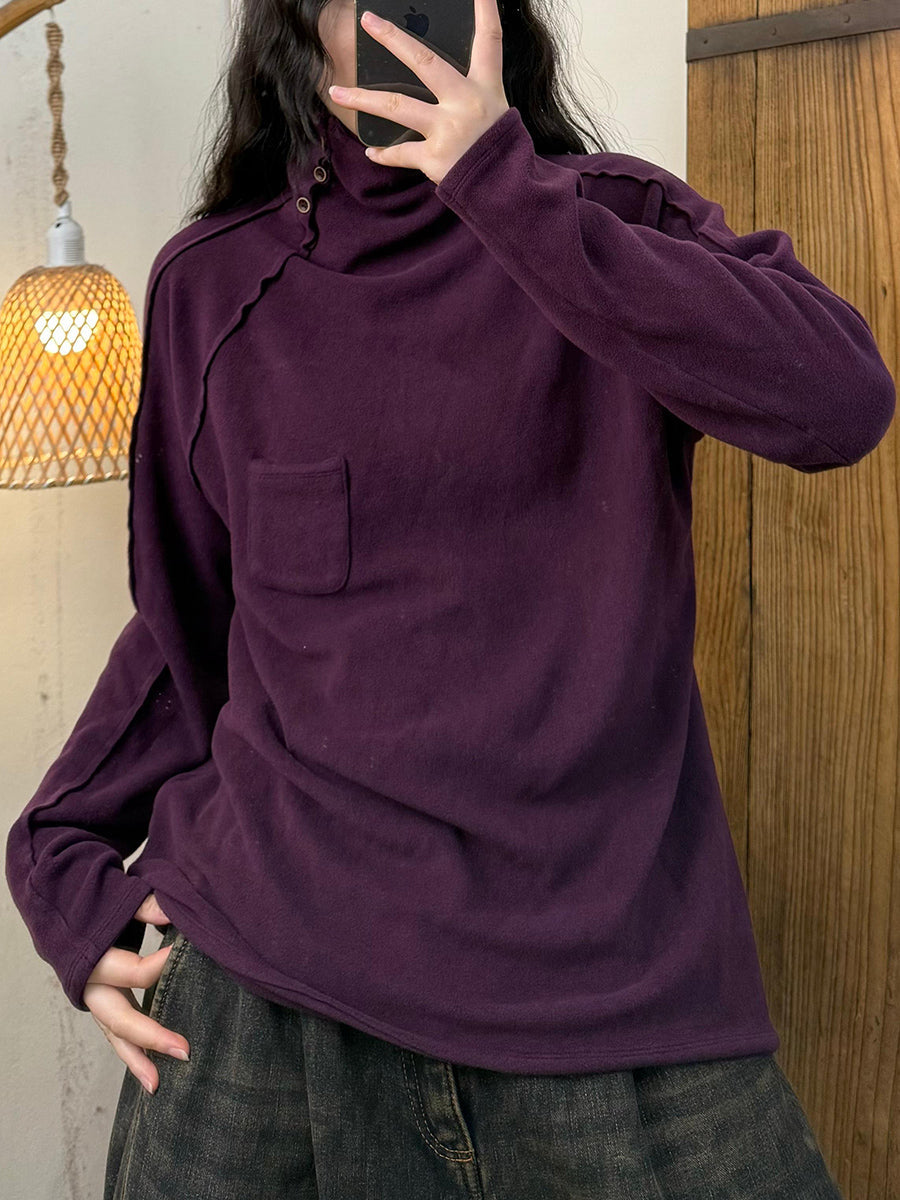 Women Autumn Retro Pure Color Turtleneck Cotton Blouse