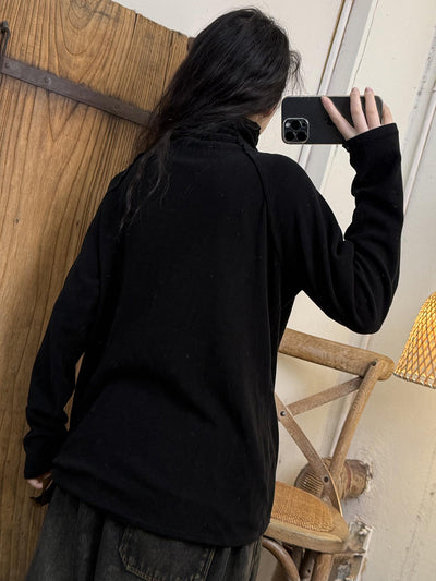 Women Autumn Retro Pure Color Turtleneck Cotton Blouse