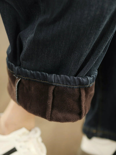 Women Winter Retro Fleece-lined Denim Harem Pants