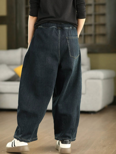 Women Winter Retro Fleece-lined Denim Harem Pants