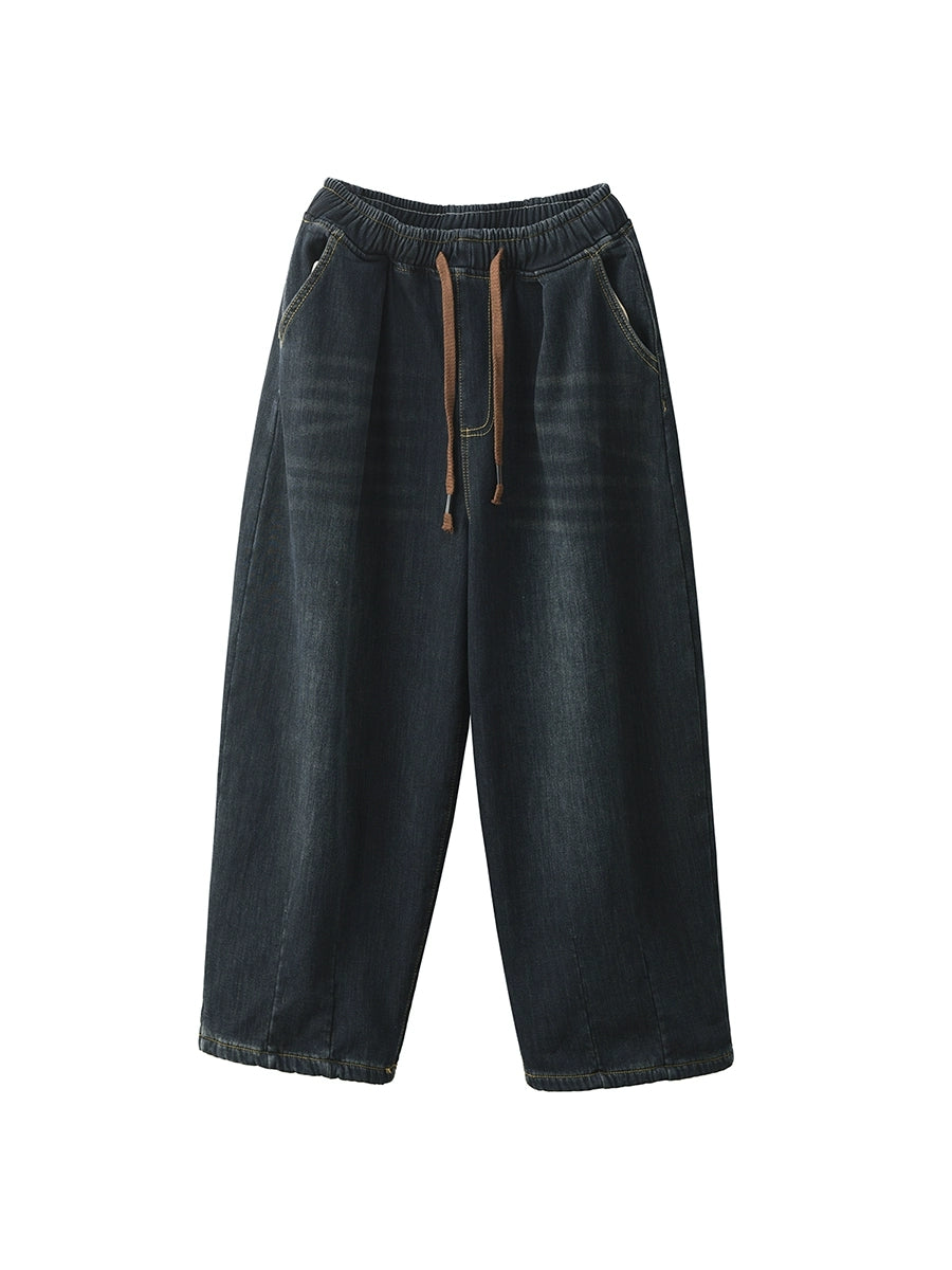Women Winter Retro Fleece-lined Denim Harem Pants