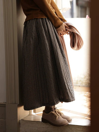Women Autumn Retro Plaid A-Shape 100%Cotton Skirt