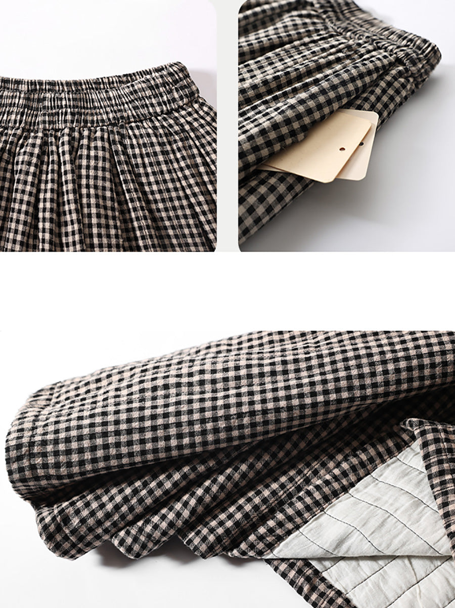 Women Autumn Retro Plaid A-Shape 100%Cotton Skirt