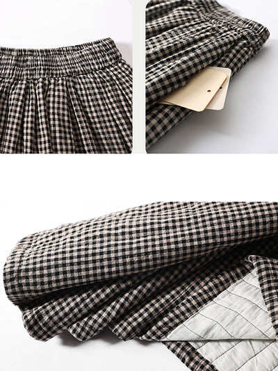 Women Autumn Retro Plaid A-Shape 100%Cotton Skirt