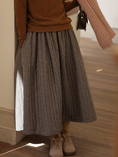 Women Autumn Retro Plaid A-Shape 100%Cotton Skirt