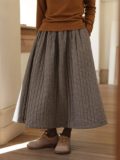Women Autumn Retro Plaid A-Shape 100%Cotton Skirt