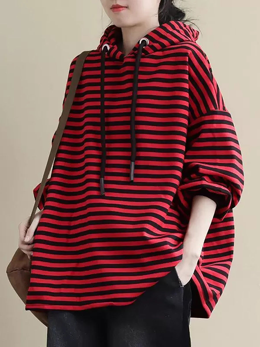 Women Autumn Casual Stripe Fleece-lined Hoodie