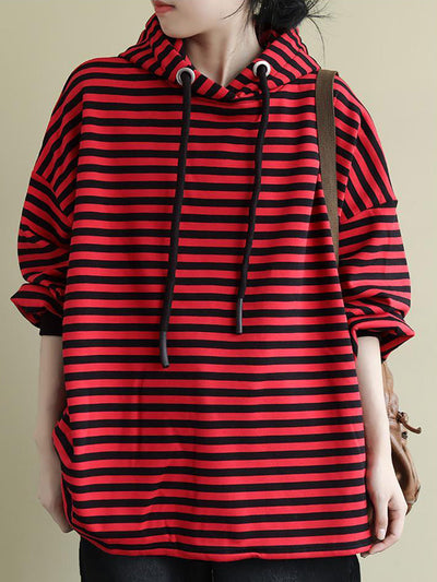 Women Autumn Casual Stripe Fleece-lined Hoodie