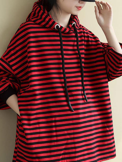 Women Autumn Casual Stripe Fleece-lined Hoodie