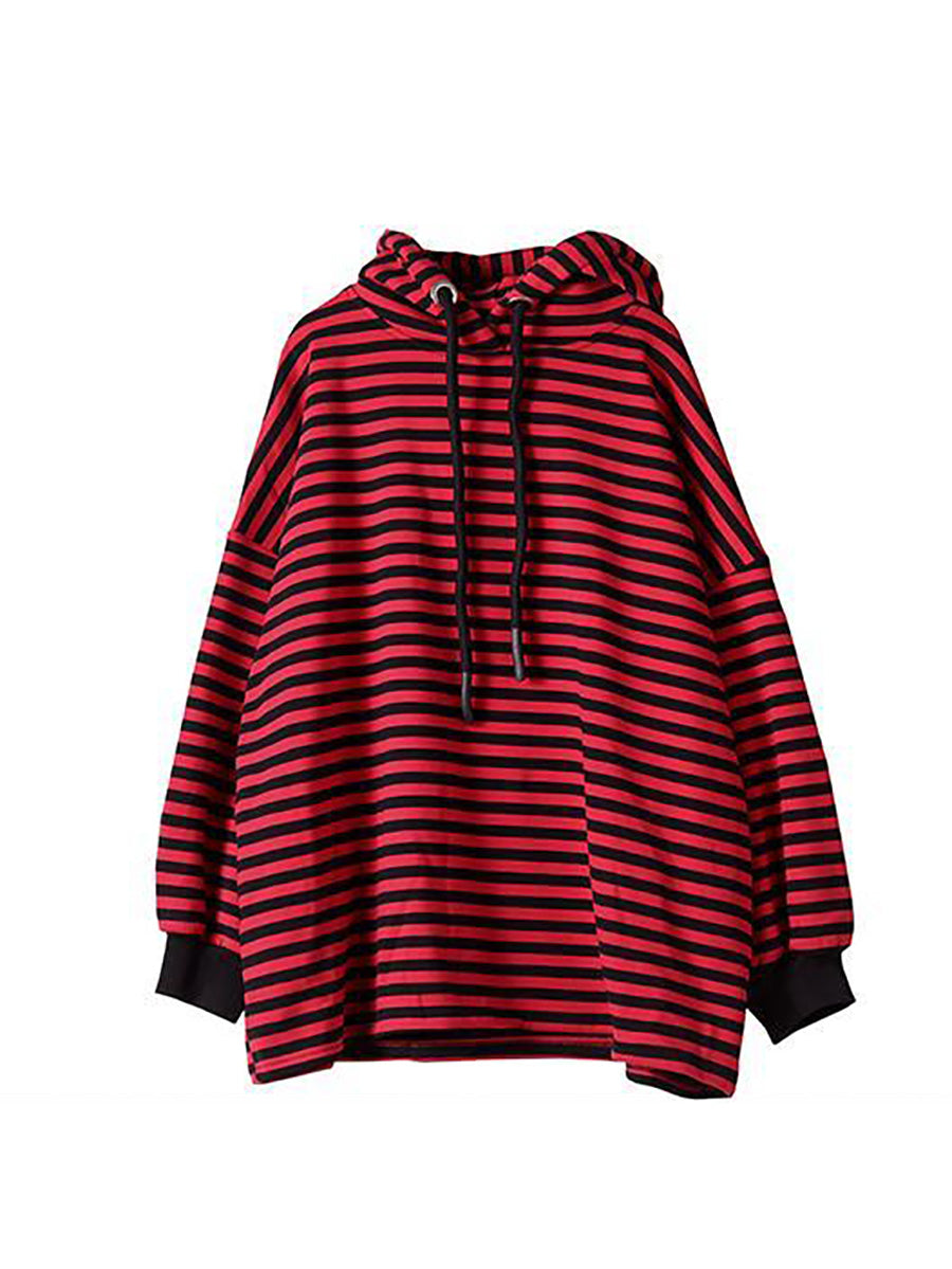 Women Autumn Casual Stripe Fleece-lined Hoodie