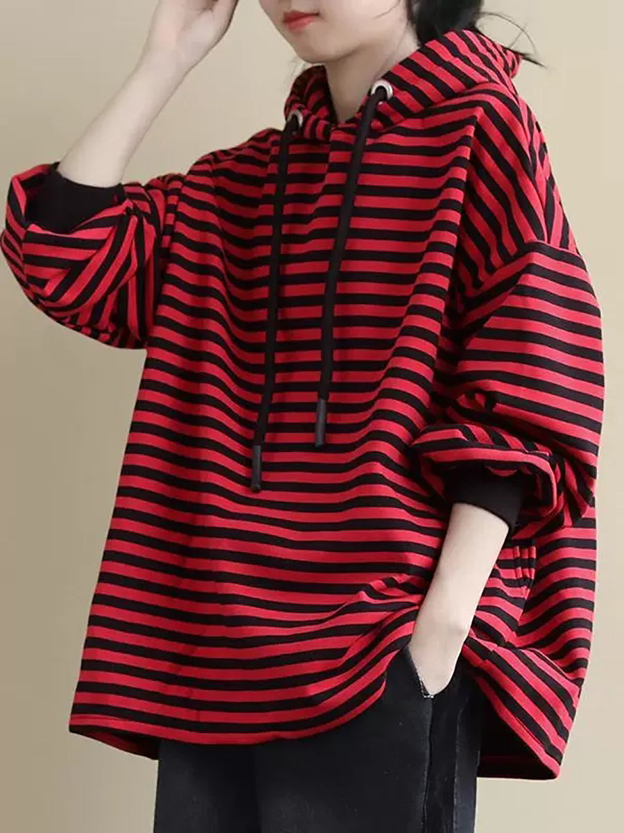 Women Autumn Casual Stripe Fleece-lined Hoodie