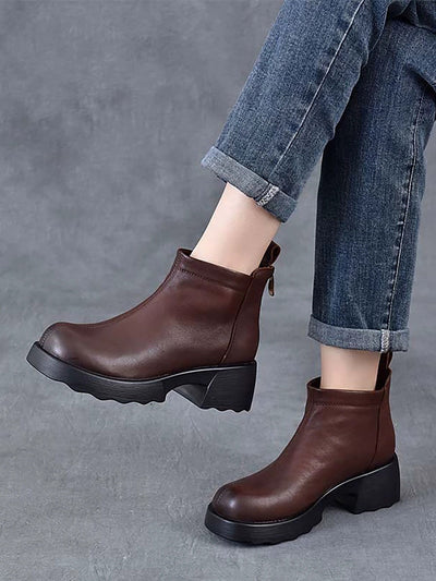 Women Winter Genuine Leather Mid-Heel Ankle Boots