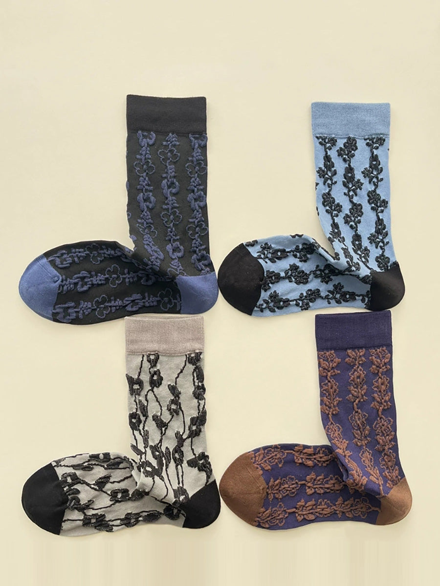 5 Pairs Women Artsy Flower Embossing Socks