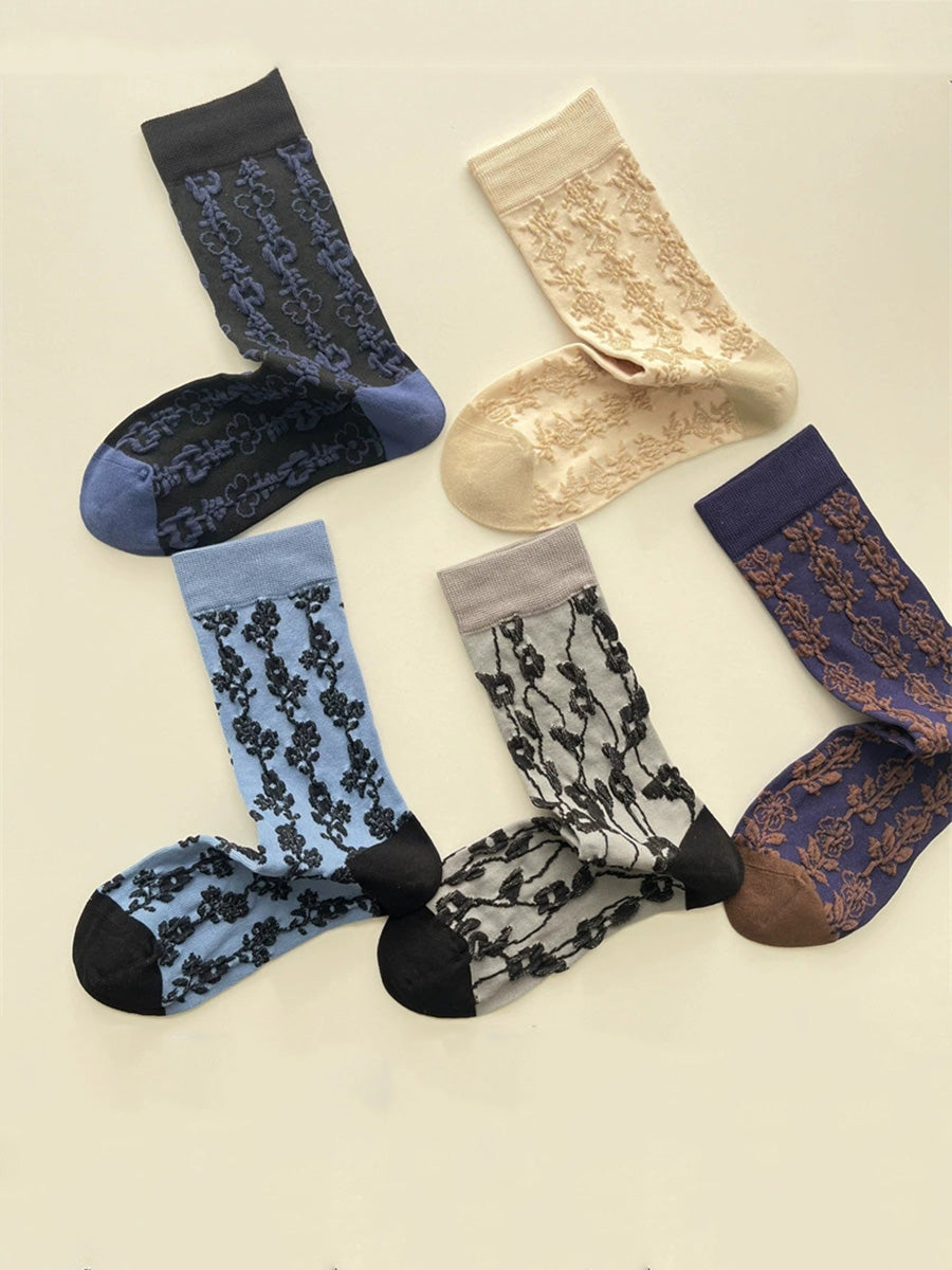 5 Pairs Women Artsy Flower Embossing Socks