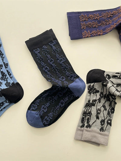 5 Pairs Women Artsy Flower Embossing Socks