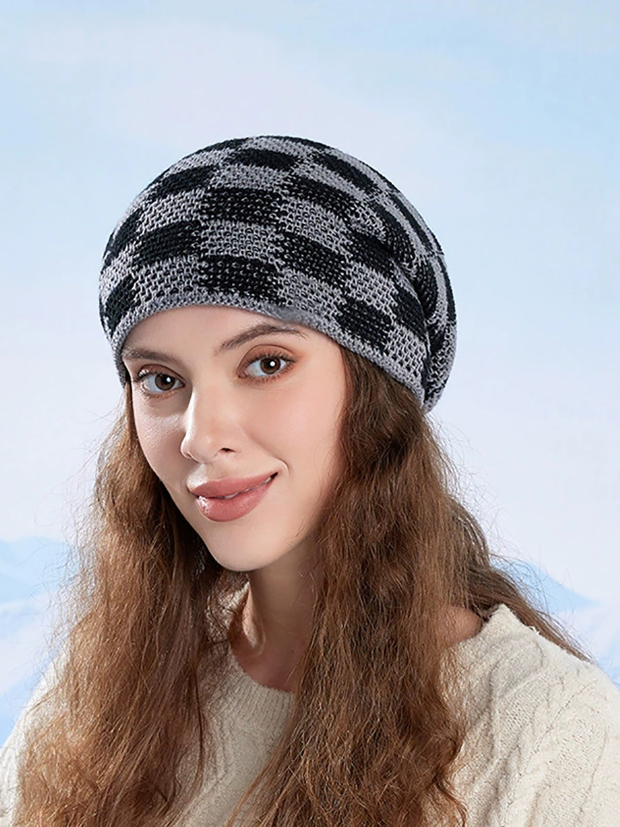 Winter Plaid Knitted Fleece-lined Warm Hat
