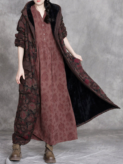 Women Winter Retro Flower Cotton Hooded Coat