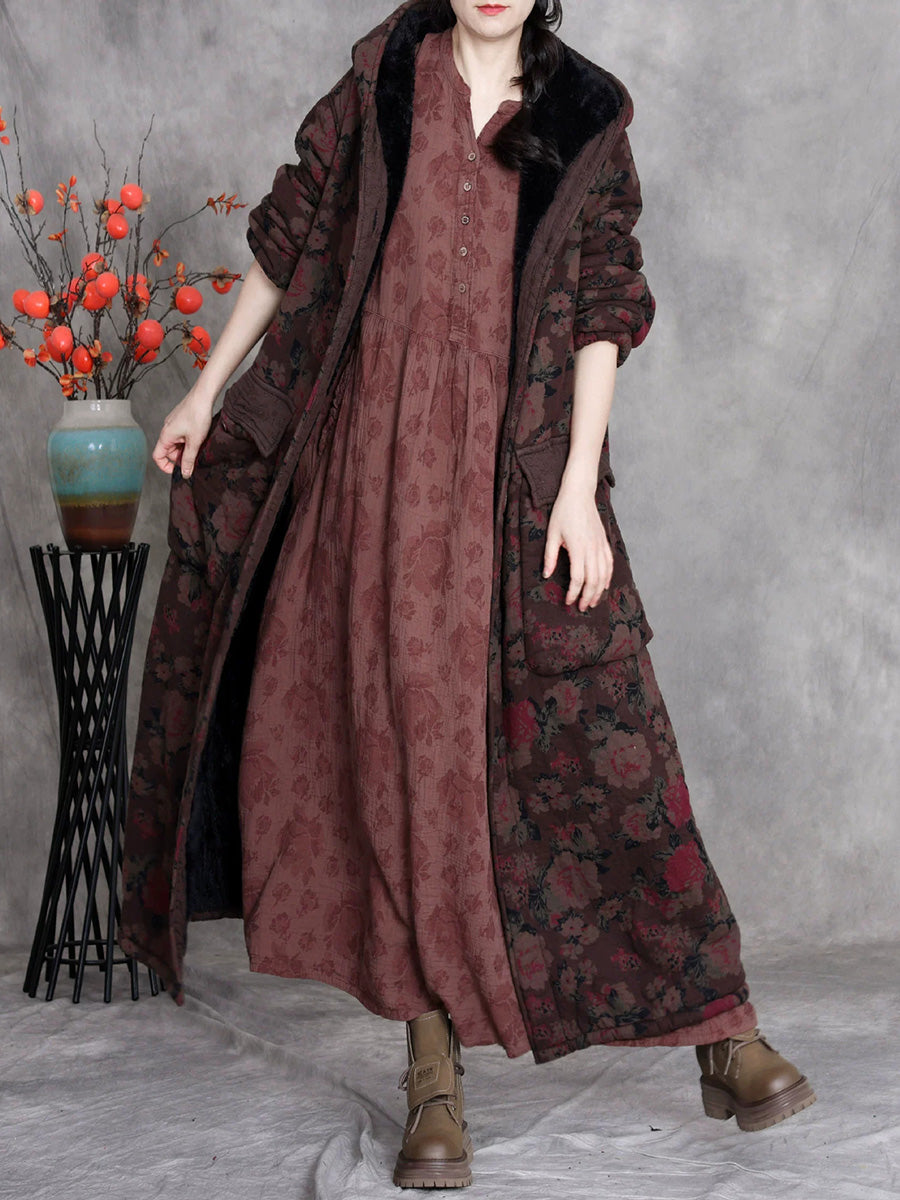 Women Winter Retro Flower Cotton Hooded Coat