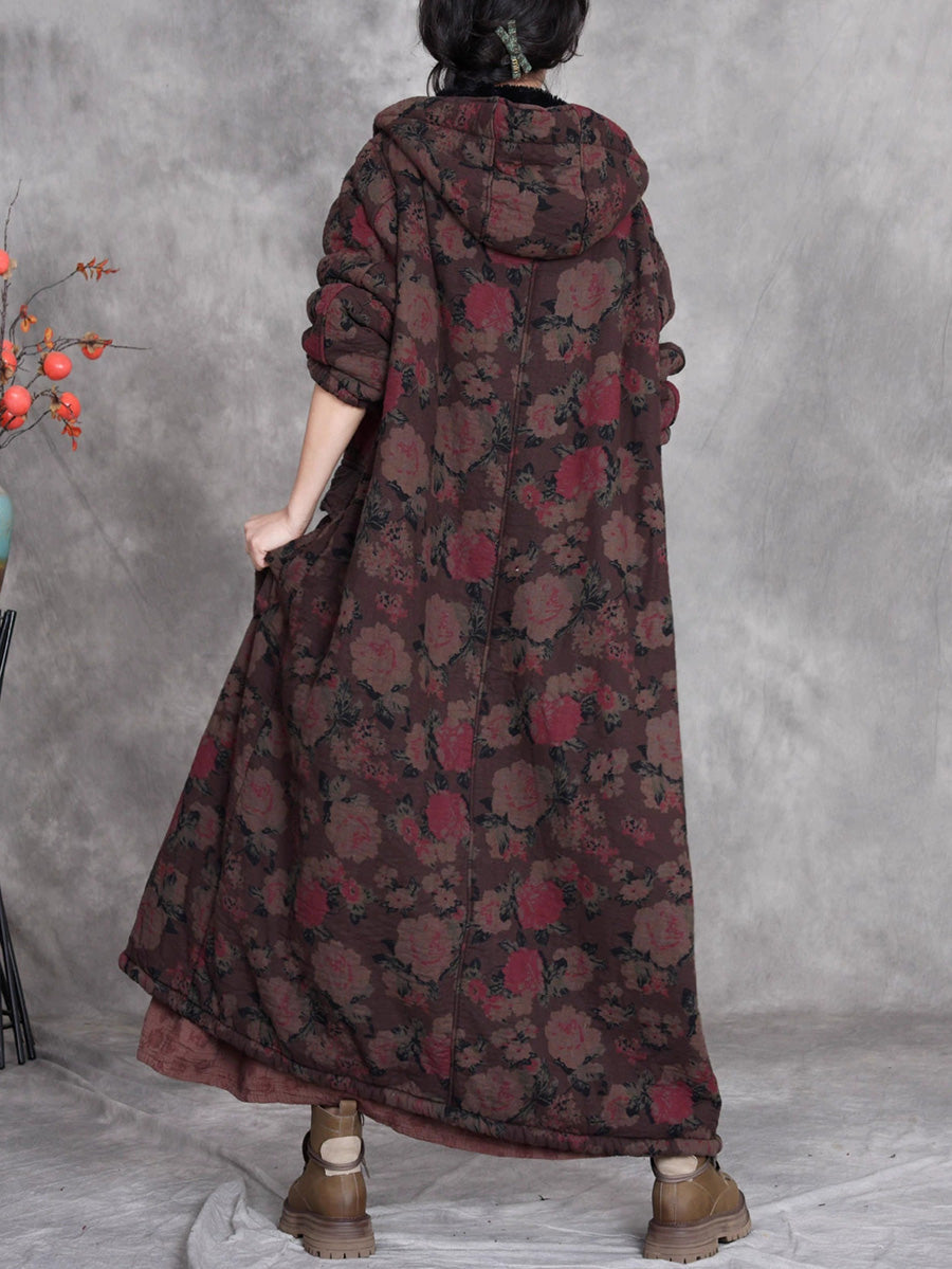 Women Winter Retro Flower Cotton Hooded Coat
