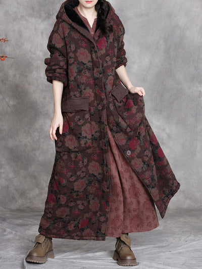 Women Winter Retro Flower Cotton Hooded Coat