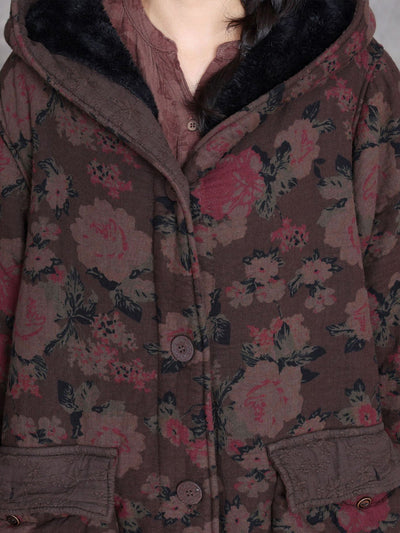 Women Winter Retro Flower Cotton Hooded Coat