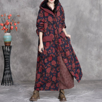 Women Winter Retro Flower Cotton Hooded Coat