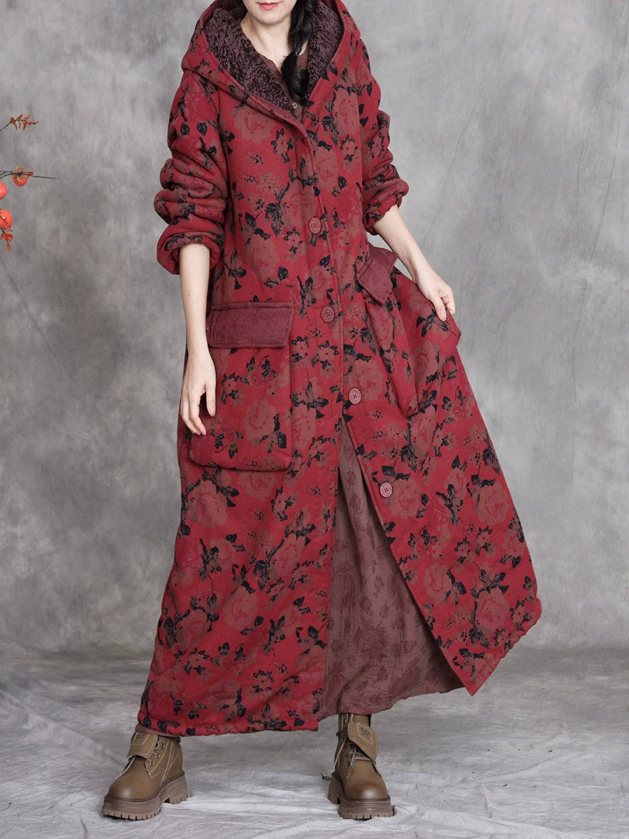 Women Winter Retro Flower Cotton Hooded Coat