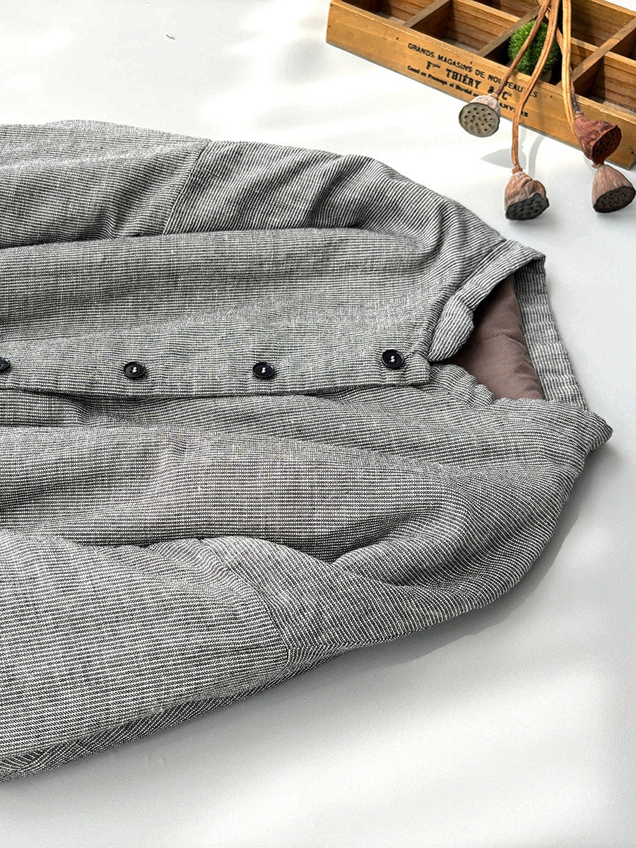 Women Retro Autumn Lattice O-Neck 100%Linen Padded Coat