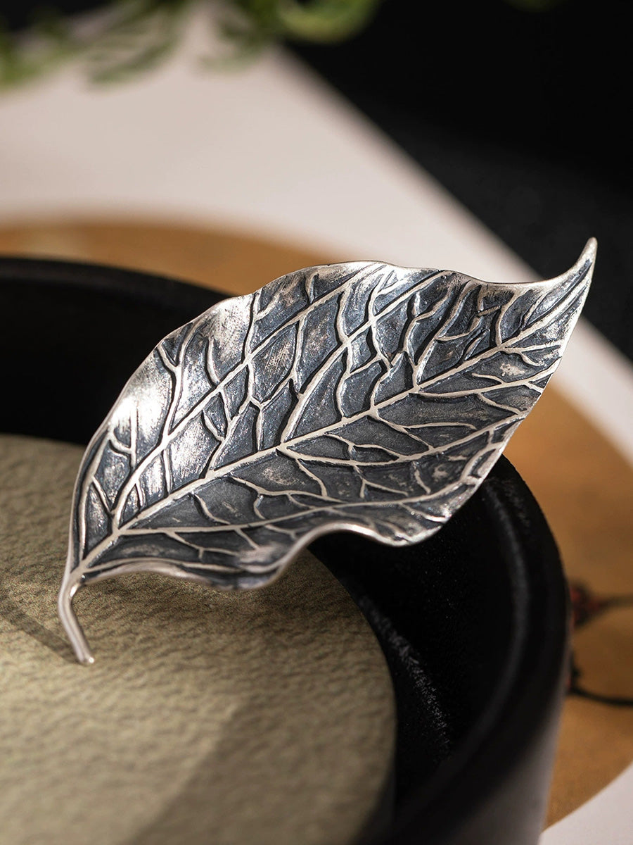Women Vintage Worn Leaf S925Silver Brooch