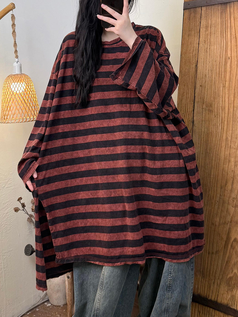 Women Autumn Retro Stripe O-Neck Cotton Blouse