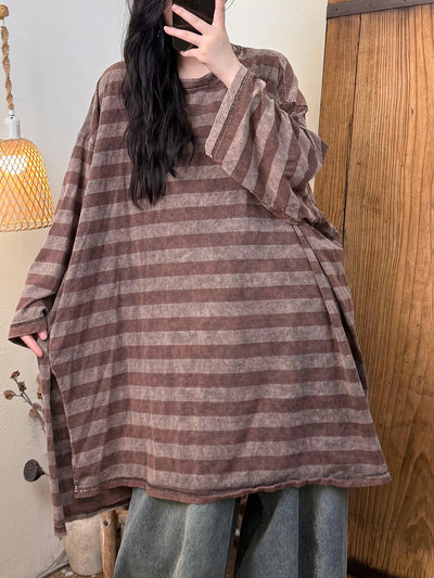 Women Autumn Retro Stripe O-Neck Cotton Blouse