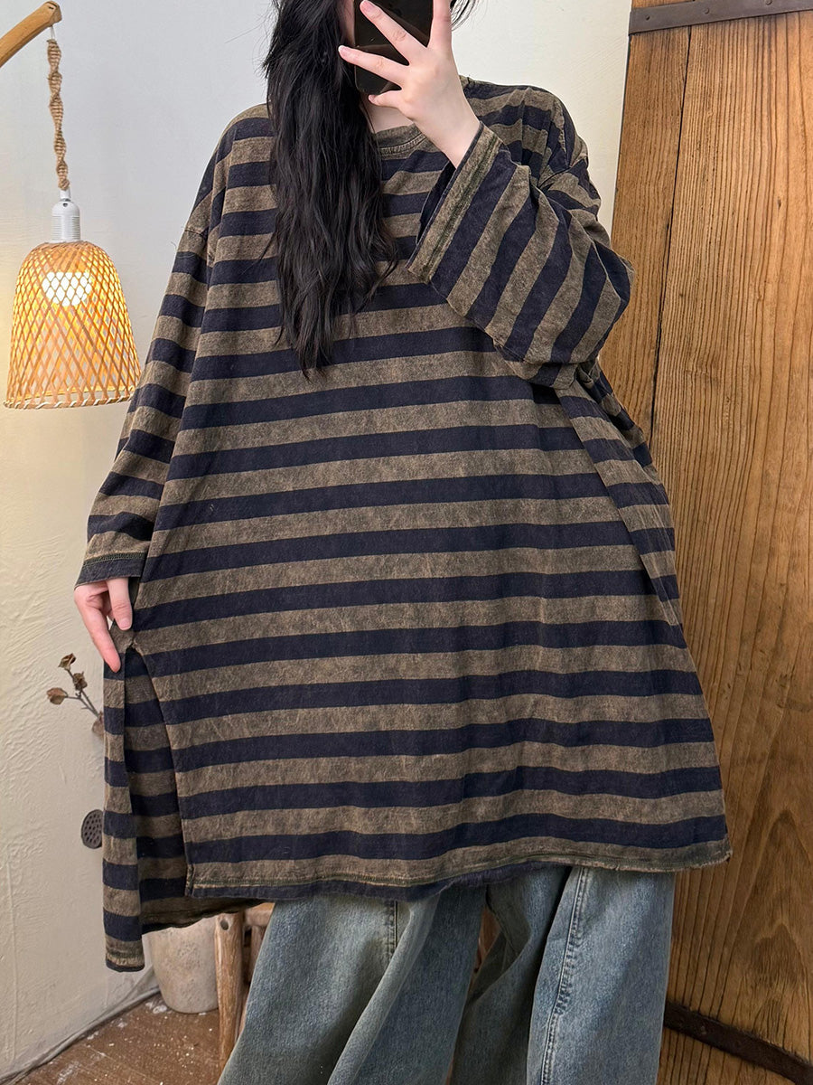 Women Autumn Retro Stripe O-Neck Cotton Blouse