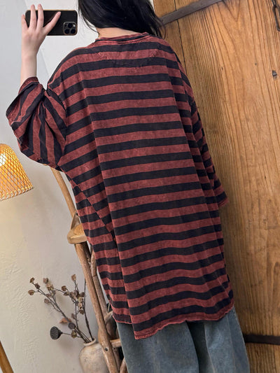 Women Autumn Retro Stripe O-Neck Cotton Blouse