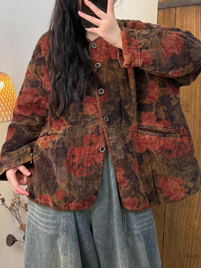 Women Retro Autumn Flower O-Neck Coat