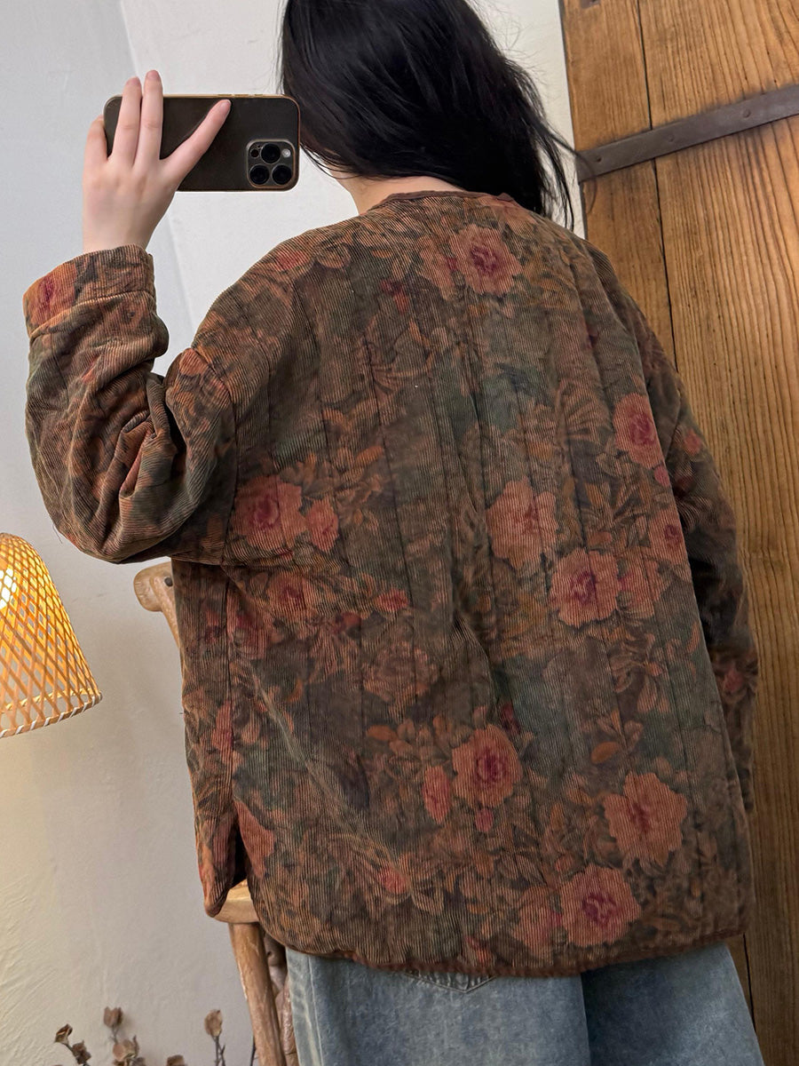 Women Retro Autumn Flower O-Neck Coat